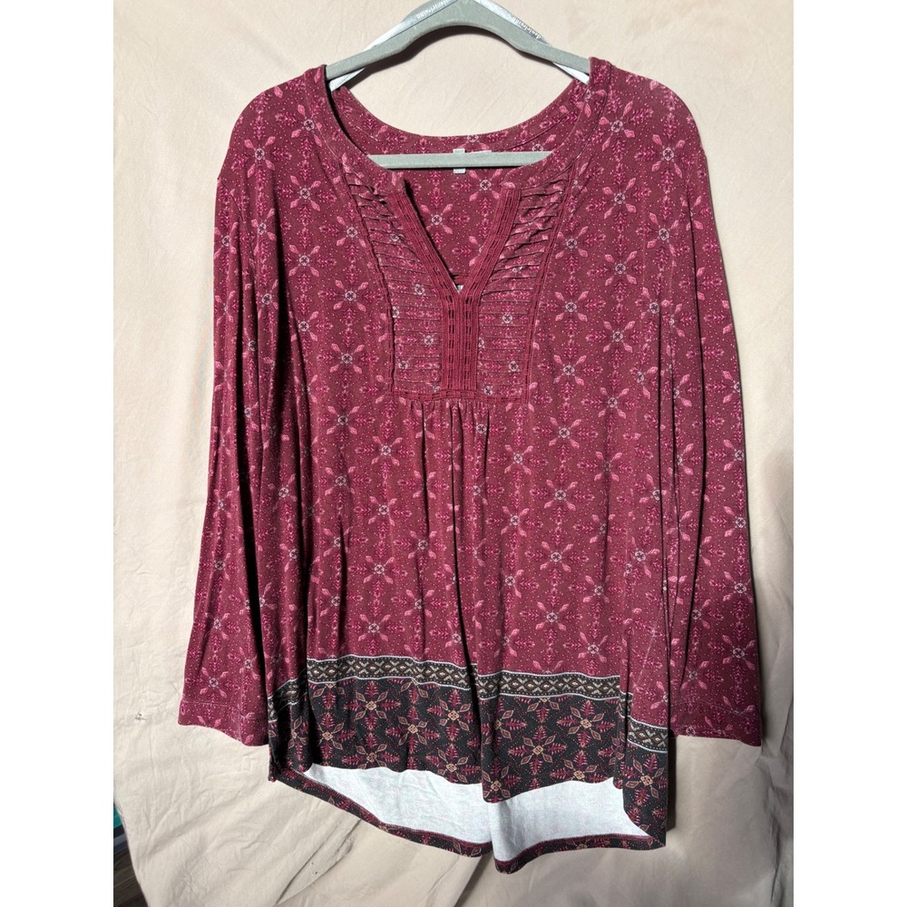 Daniel Rainn Women's XL Burgundy Floral Pintuck Pleat Split Neck Blouse